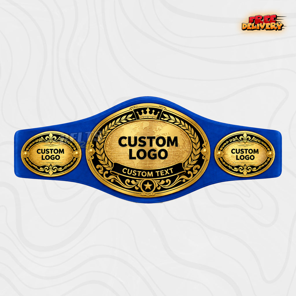 Custom Oval World Globe Championship Belt in royal blue genuine leather strap showing gold globe oval plates with custom logo and text