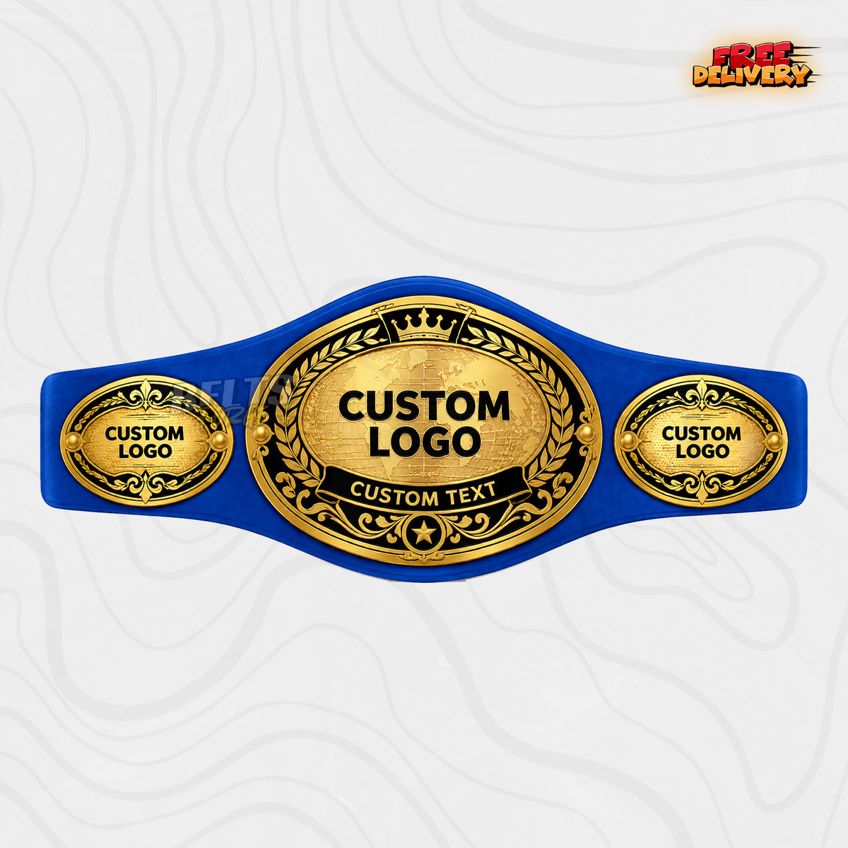 Custom Oval World Globe Championship Belt in royal blue genuine leather strap showing gold globe oval plates with custom logo and text