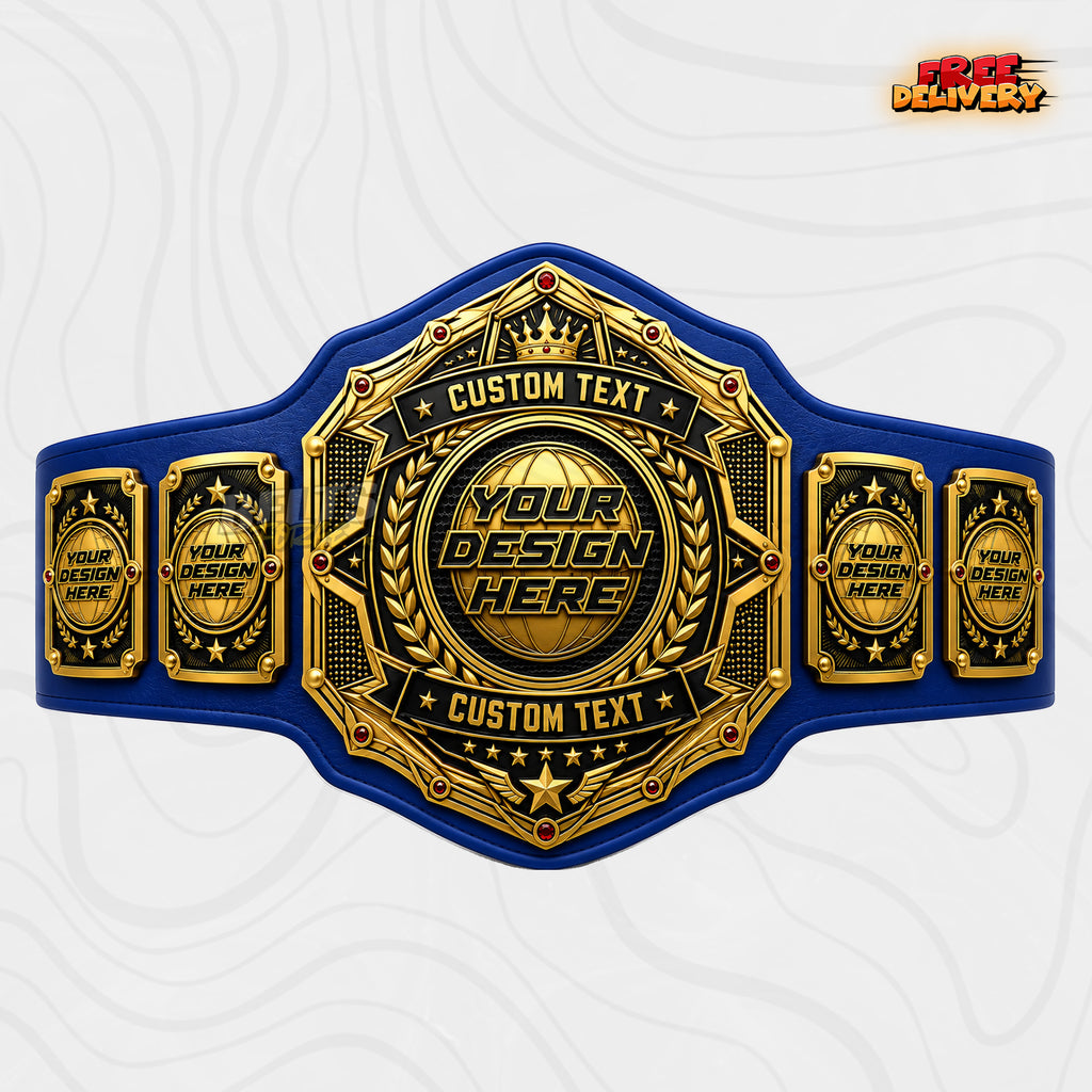 Custom World Globe Crown Championship Belt in royal blue genuine leather strap showing gold globe plates with dual custom text banners
