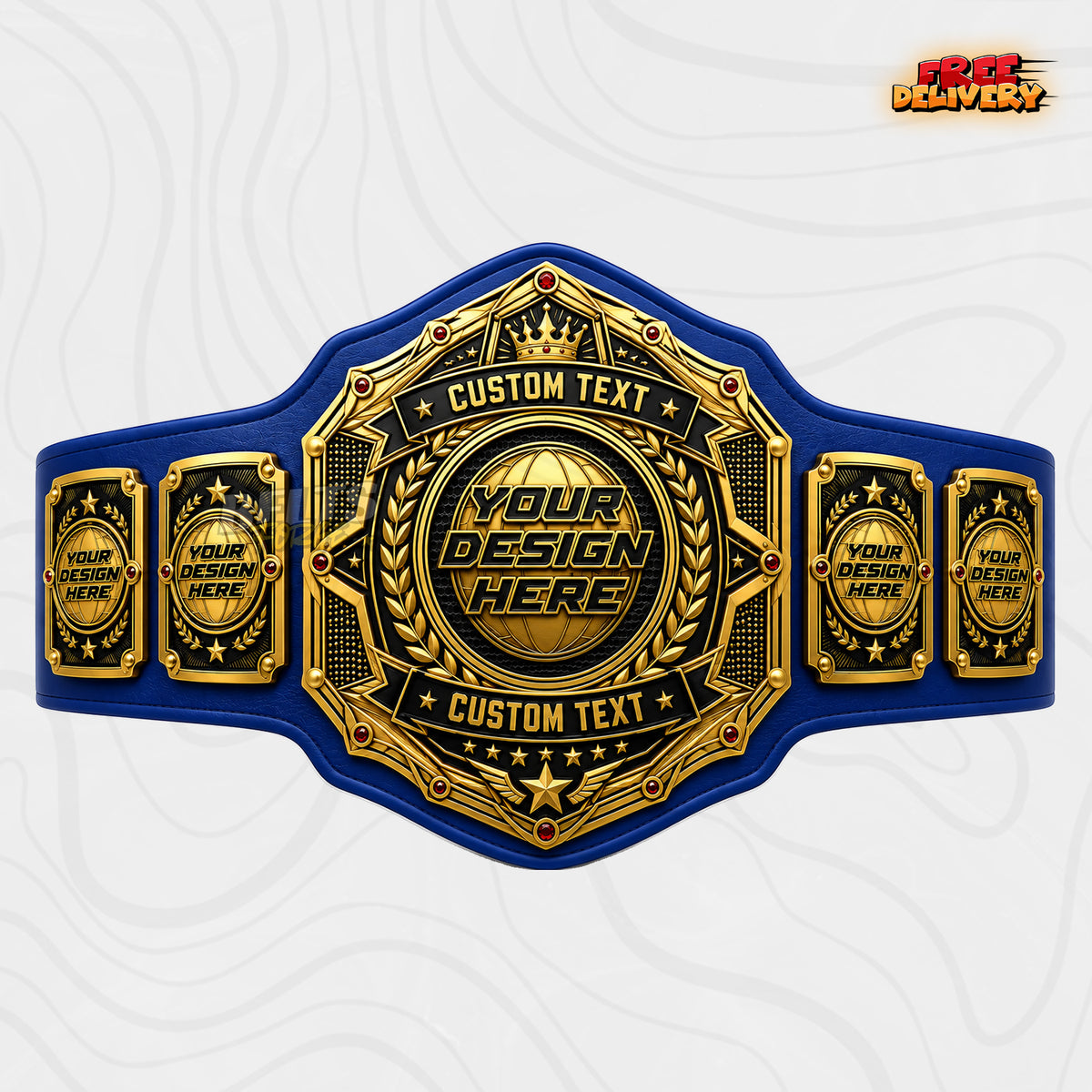 Custom World Globe Crown Championship Belt in royal blue genuine leather strap showing gold globe plates with dual custom text banners