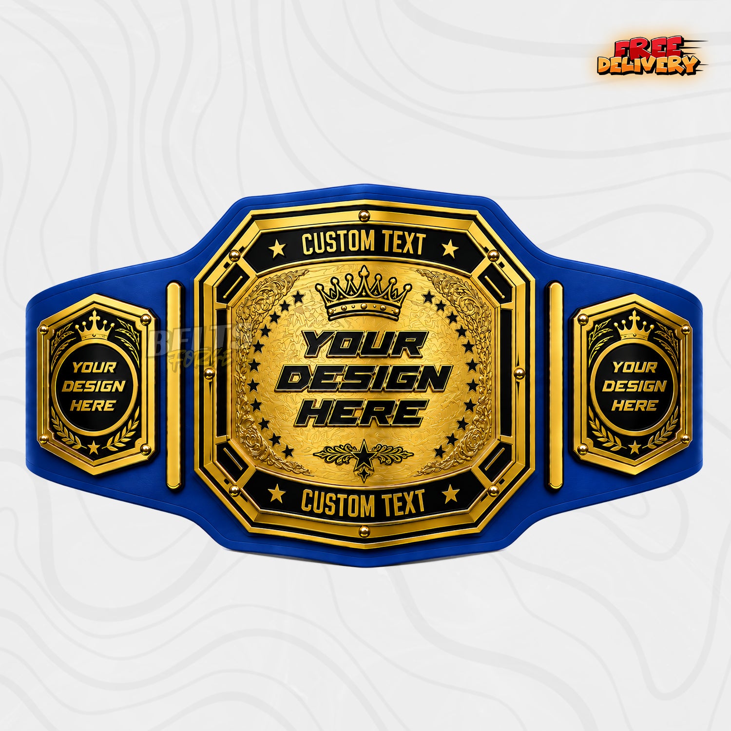 Custom Crown Star Arc Championship Belt in royal blue genuine leather strap showing gold hexagon crown side plates ready for custom design