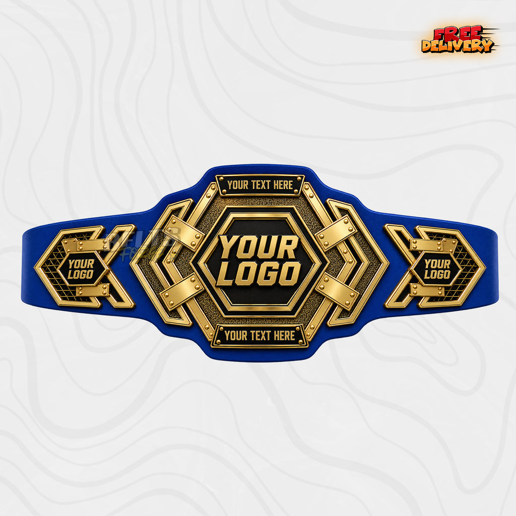 Custom Hexagon Gold Championship Belt in royal blue genuine leather strap showing gold hexagon riveted plates with custom name text