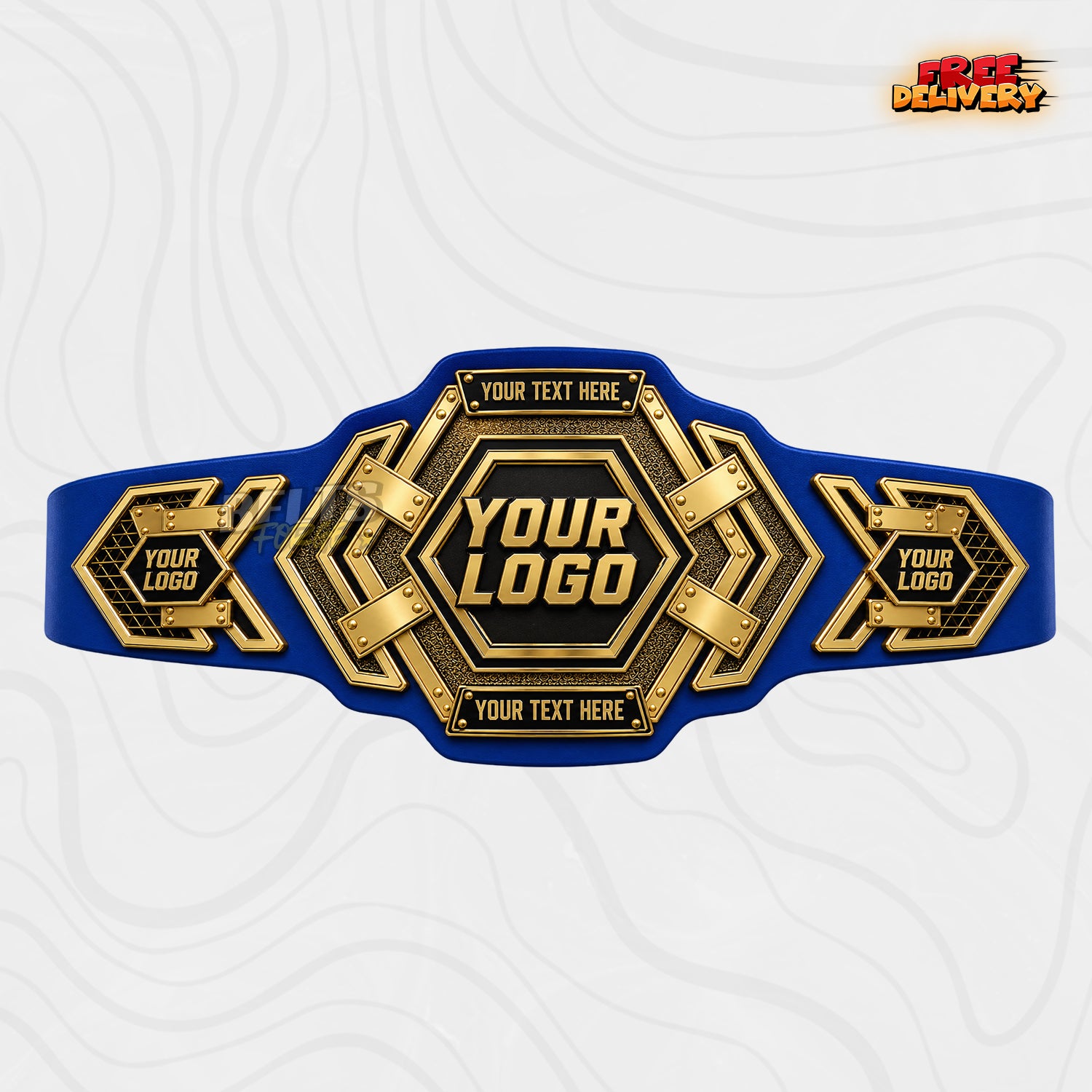 Custom Hexagon Gold Championship Belt in royal blue genuine leather strap showing gold hexagon riveted plates with custom name text