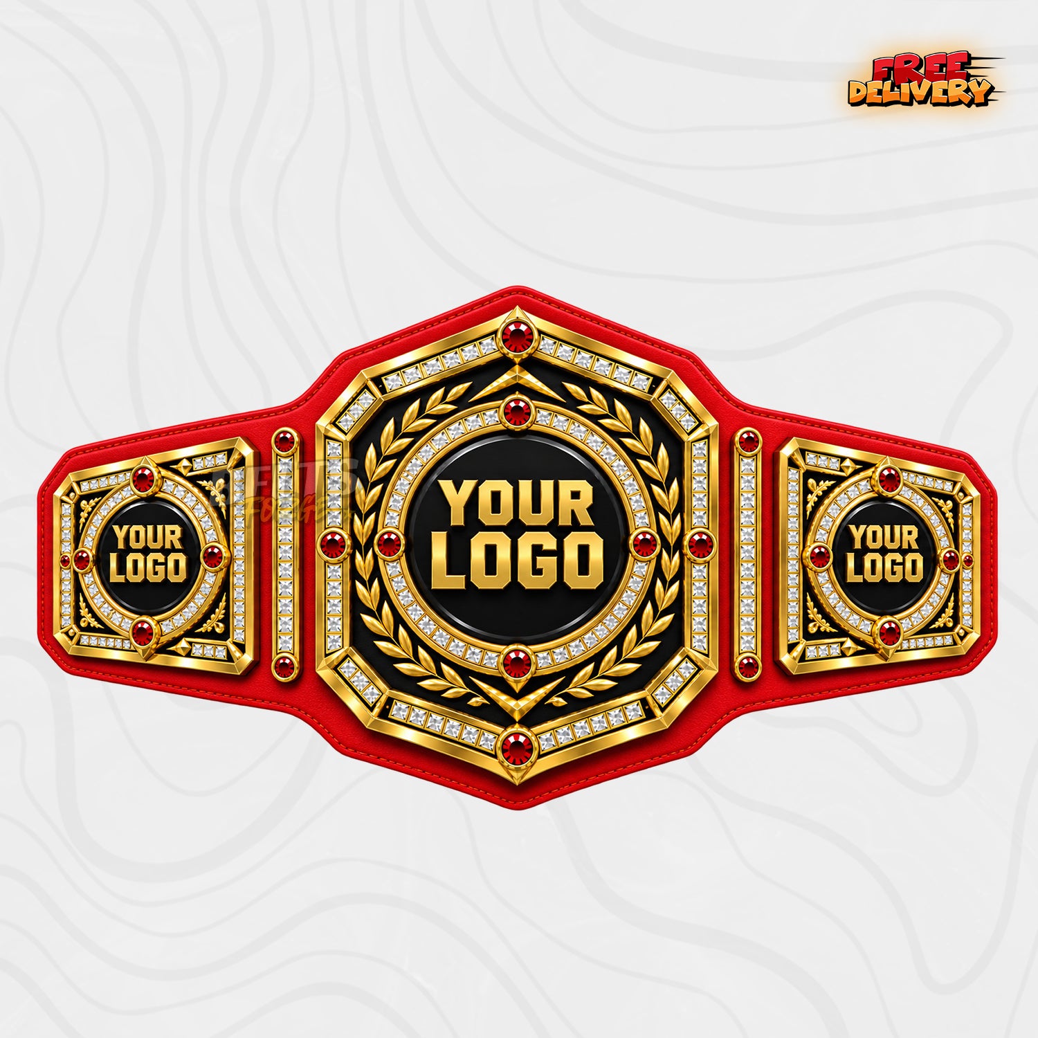Custom Ruby Laurel Championship Belt in red genuine leather strap showing gold laurel wreath plates with ruby red crystals
