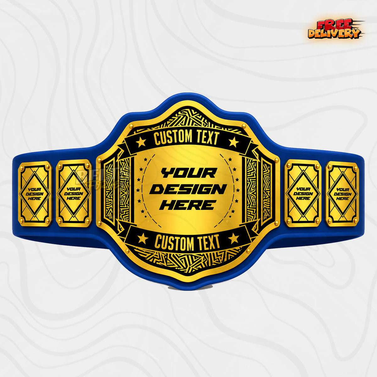 Custom Tribal Geometric Championship Belt in royal blue genuine leather strap showing gold modern plates with four diamond side plates