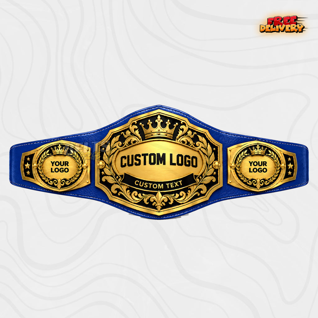 Custom Crown Shield Fleur-de-Lis Championship Belt in royal blue genuine leather strap showing gold ornate crown plate with three logo plates