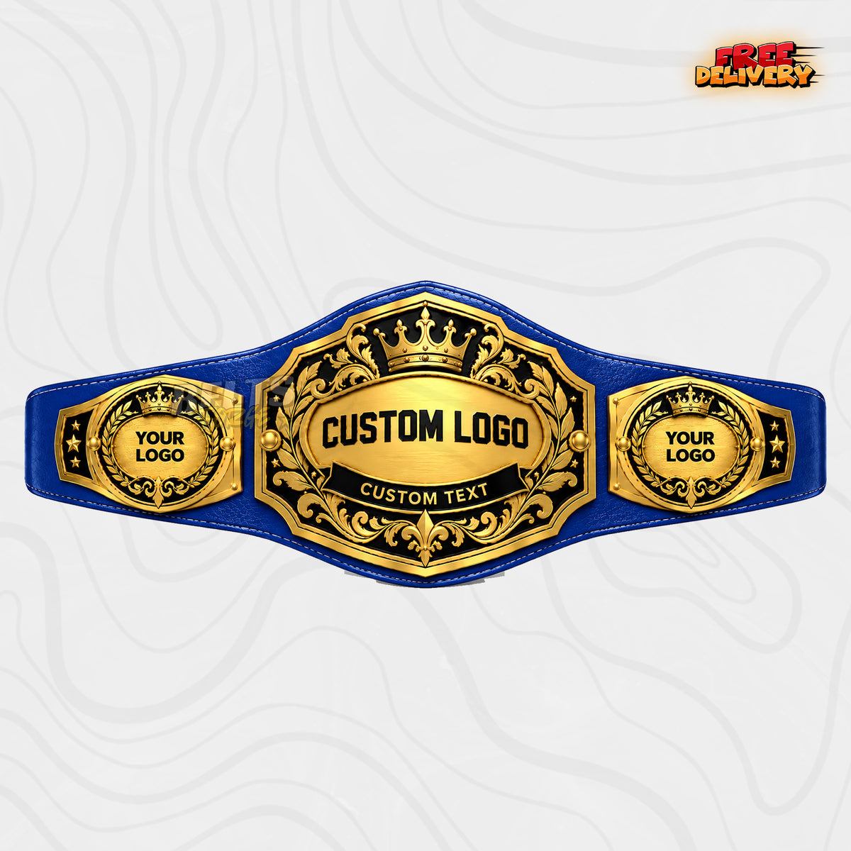 Custom Crown Shield Fleur-de-Lis Championship Belt in royal blue genuine leather strap showing gold ornate crown plate with three logo plates
