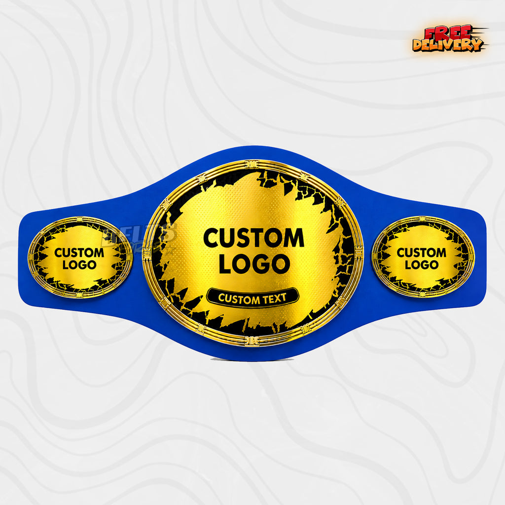 Custom Shattered Oval Championship Belt in royal blue genuine leather strap showing gold oval plates with shattered effect
