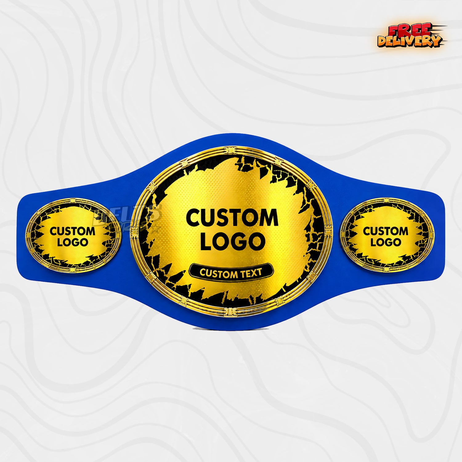 Custom Shattered Oval Championship Belt in royal blue genuine leather strap showing gold oval plates with shattered effect