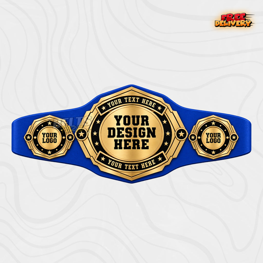 Custom Gold Octagon Championship Belt in royal blue genuine leather strap showing gold plates with personalized text banners