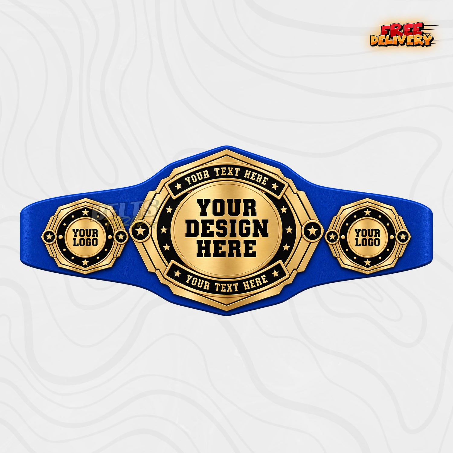 Custom Gold Octagon Championship Belt in royal blue genuine leather strap showing gold plates with personalized text banners
