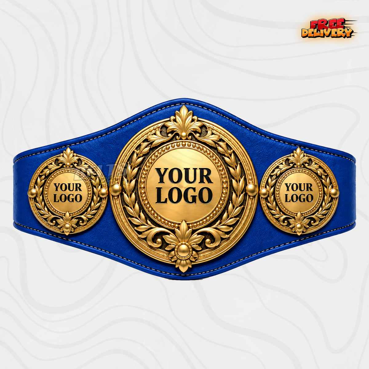 Custom Laurel Fleur-de-Lis Medallion Championship Belt in royal blue genuine leather strap showing gold round wreath plates with three logo plates