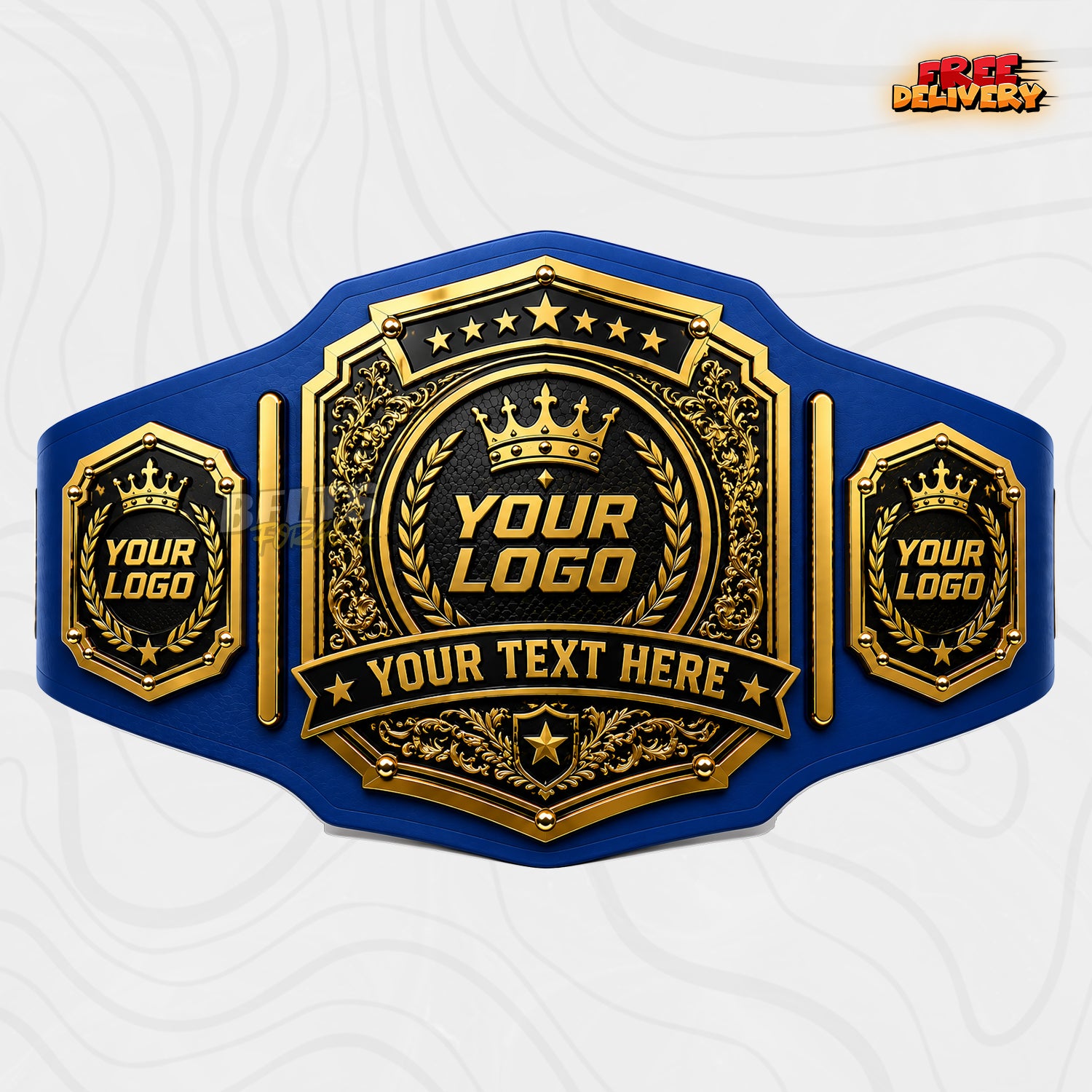Custom Black and Gold Filigree Medallion Championship Belt in royal blue genuine leather strap showing gold scrollwork plates ready for custom logo and text