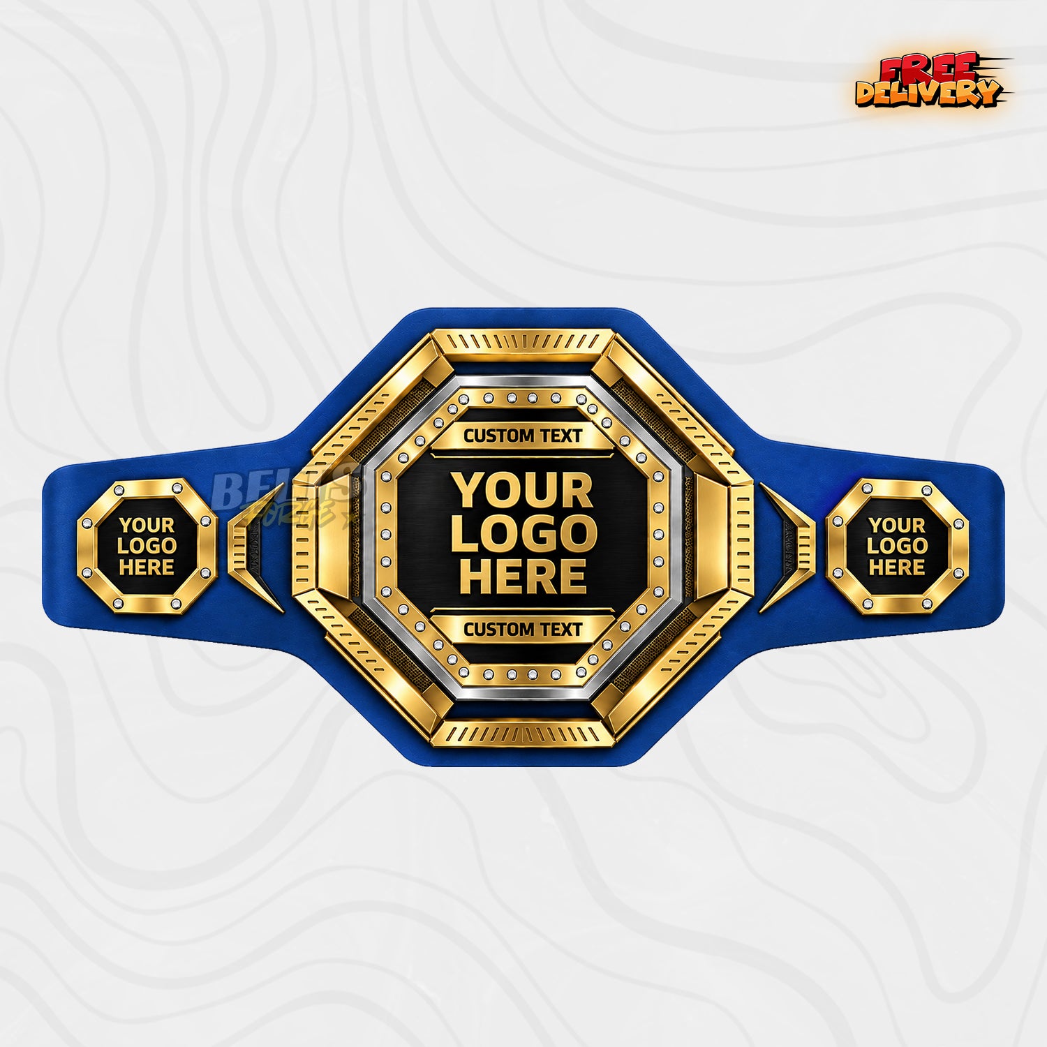 Custom Rhinestone Octagon Championship Belt in royal blue genuine leather strap showing gold and silver octagonal plates with custom logo text