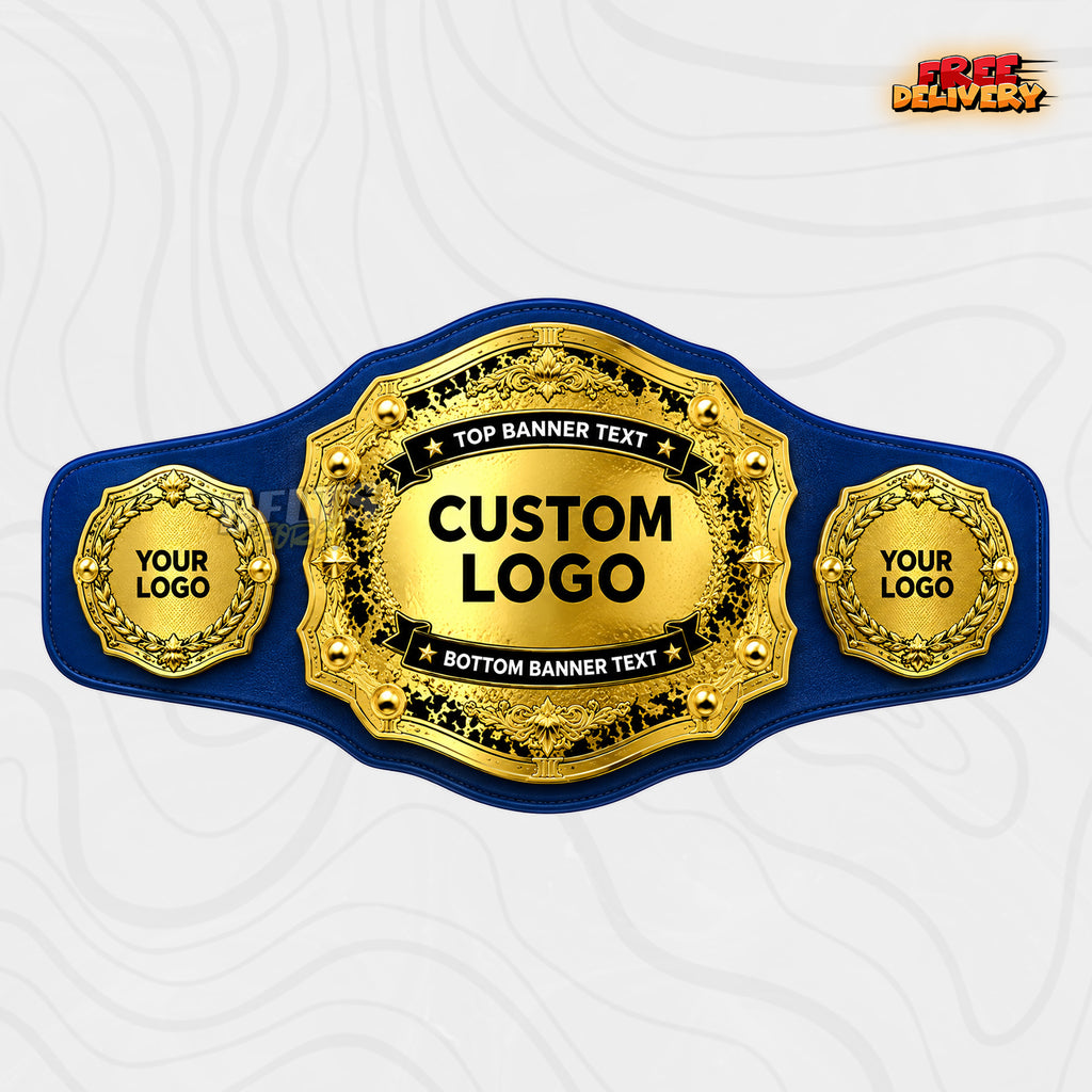 Custom Laurel Wreath Gold Championship Belt in royal blue genuine leather strap showing gold studded plates with custom logo and text