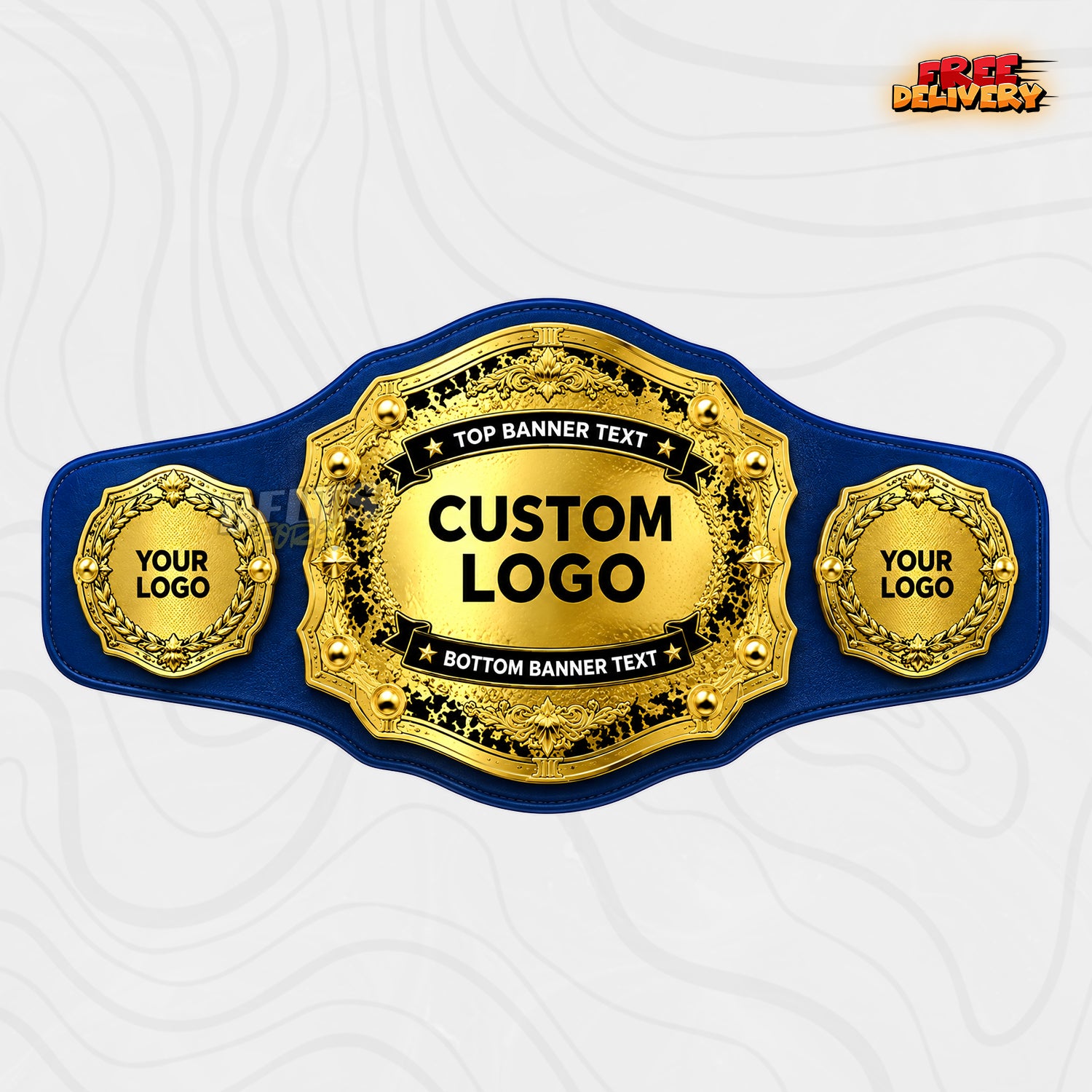 Custom Laurel Wreath Gold Championship Belt in royal blue genuine leather strap showing gold studded plates with custom logo and text