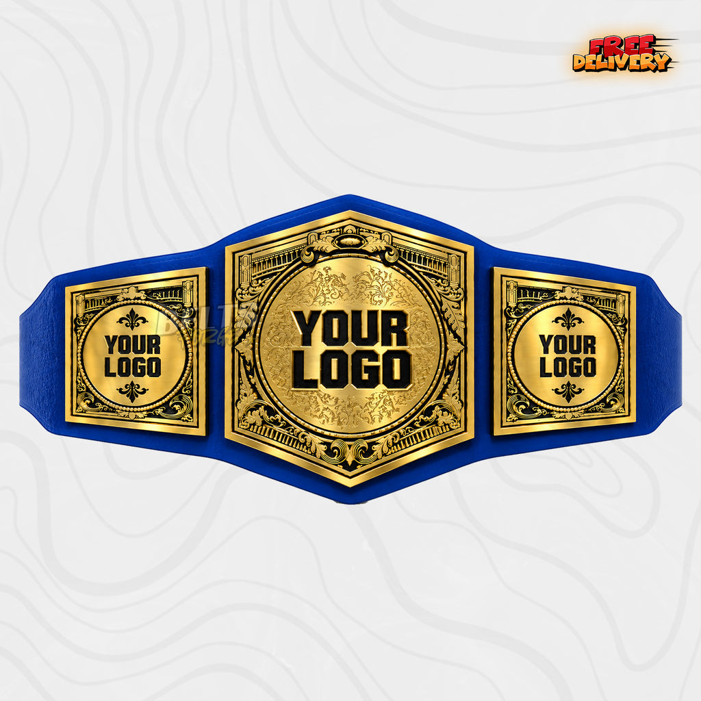 Custom Victorian Roman Column Championship Belt in royal blue genuine leather strap showing gold vintage damask plates with three logo plates