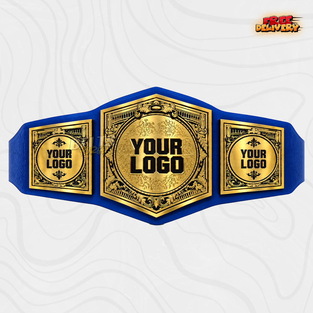 Custom Victorian Roman Column Championship Belt in royal blue genuine leather strap showing gold vintage damask plates with three logo plates