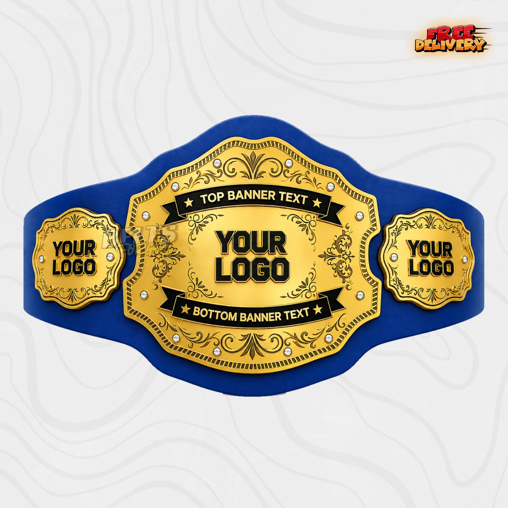 Custom Gold Filigree Banner Championship Belt in royal blue genuine leather strap showing gold vintage plates with dual custom text banners