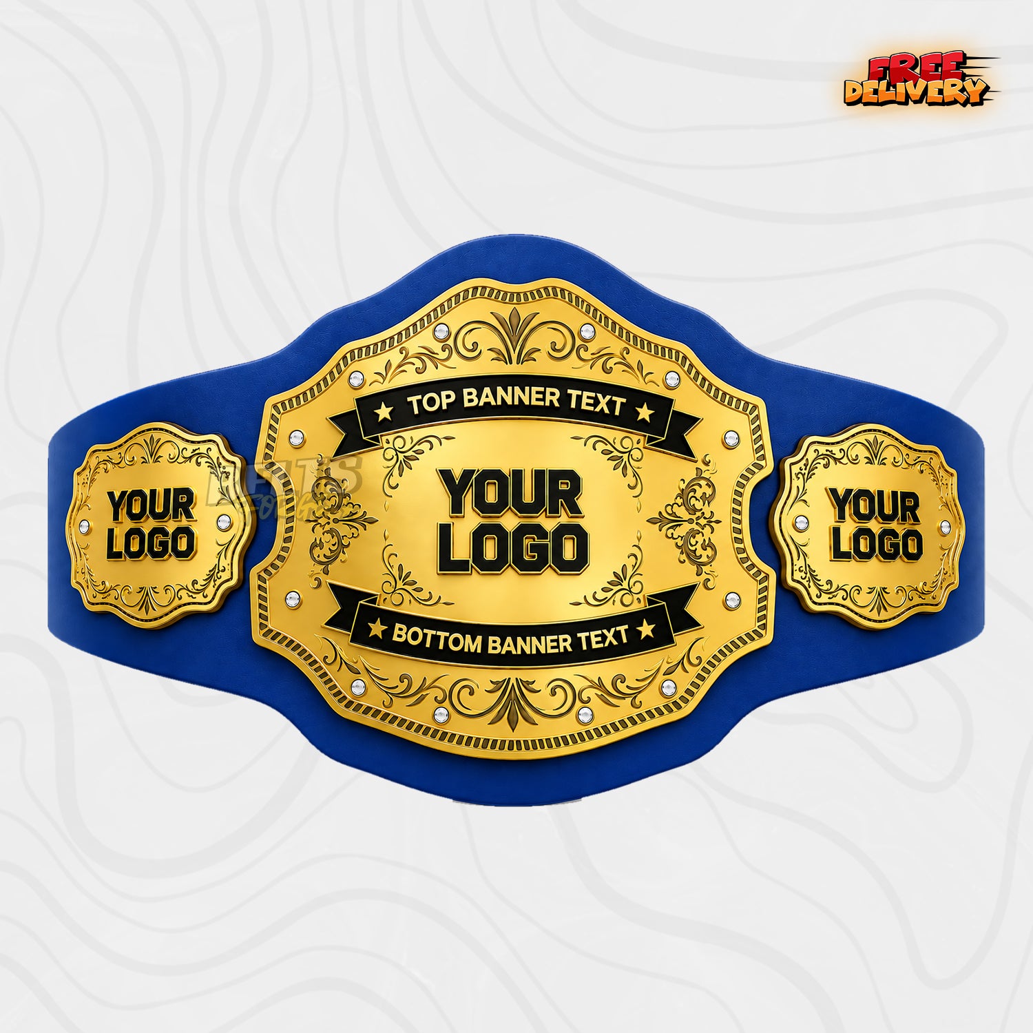 Custom Gold Filigree Banner Championship Belt in royal blue genuine leather strap showing gold vintage plates with dual custom text banners