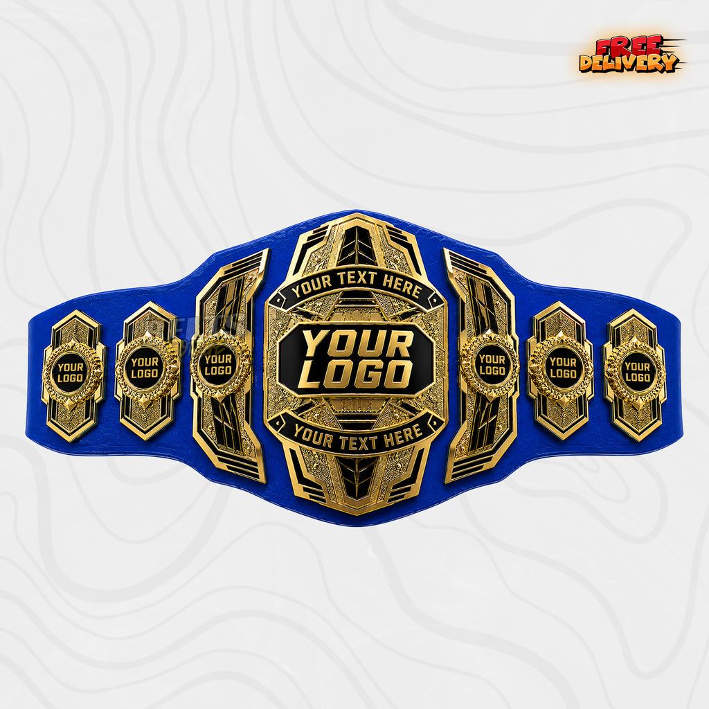 Custom Multi-Plate Gold Championship Belt in royal blue genuine leather strap showing modern gold plates with laurel logo medallions