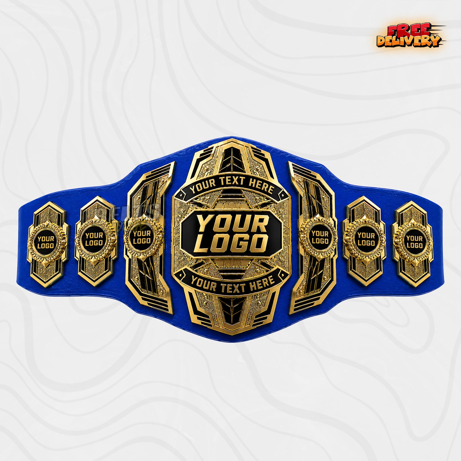 Custom Multi-Plate Gold Championship Belt in royal blue genuine leather strap showing modern gold plates with laurel logo medallions