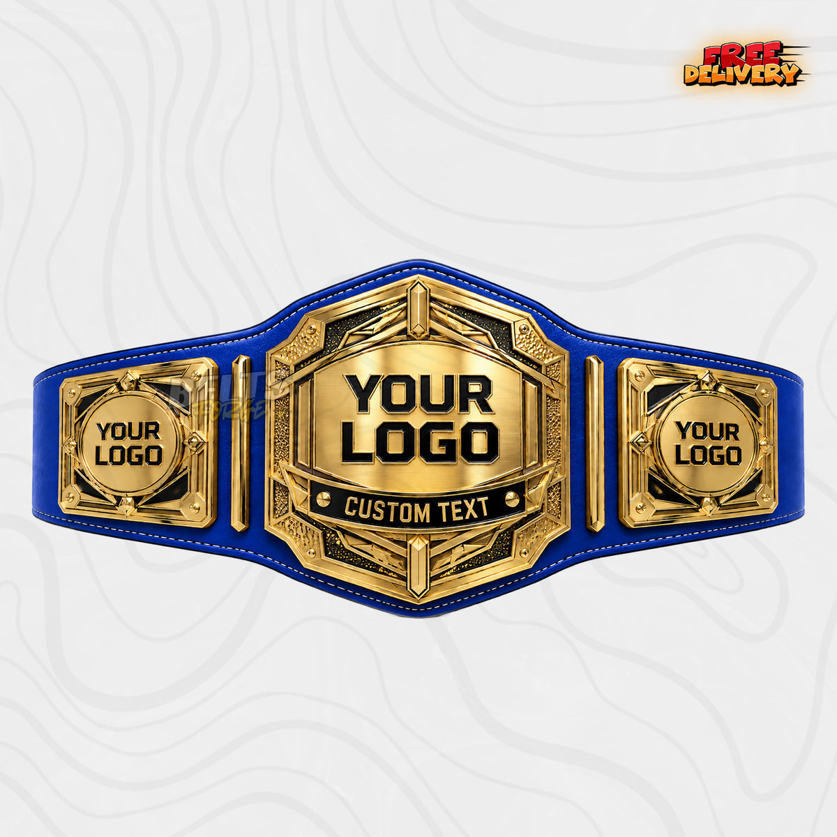 Custom Art Deco Hexagon Championship Belt in royal blue genuine leather strap showing modern gold plates with square logo side plates