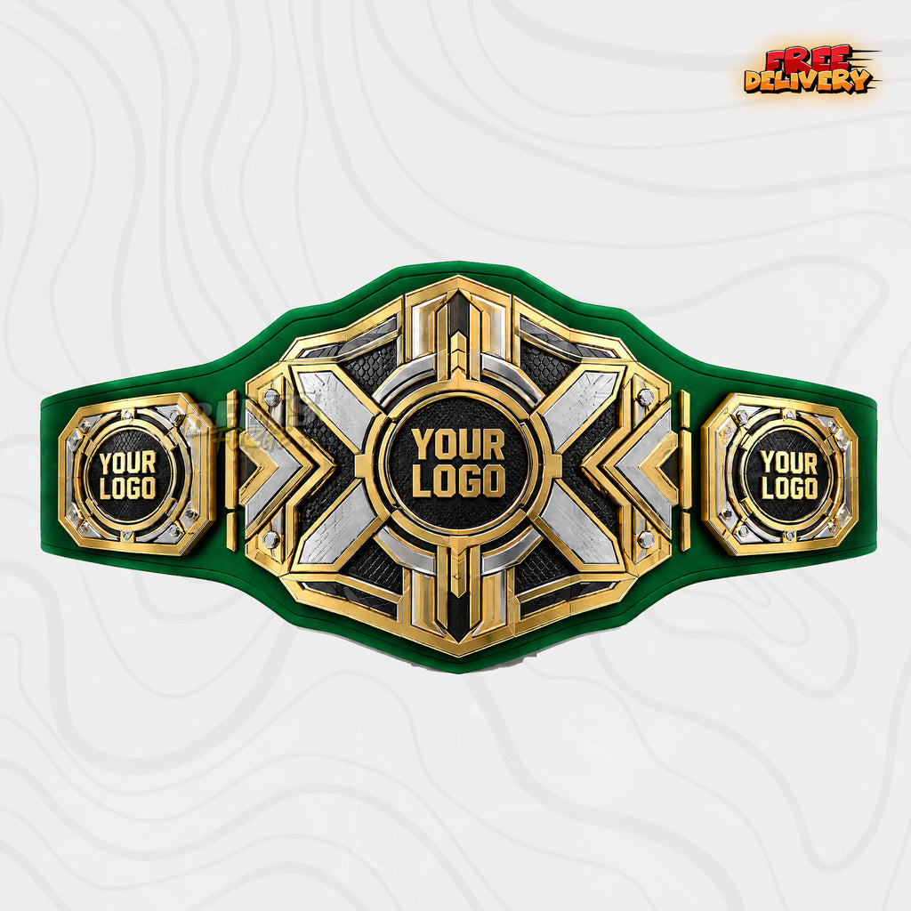 Custom Angular Chevron X Championship Belt in green genuine leather strap showing modern gold X centre plate with custom logo