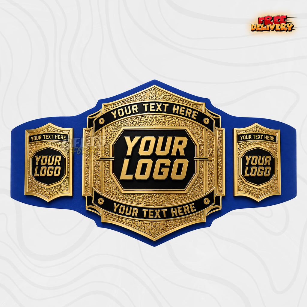 Custom Vintage Gold Championship Belt in royal blue genuine leather strap showing ornate gold octagon centre plate with custom name text