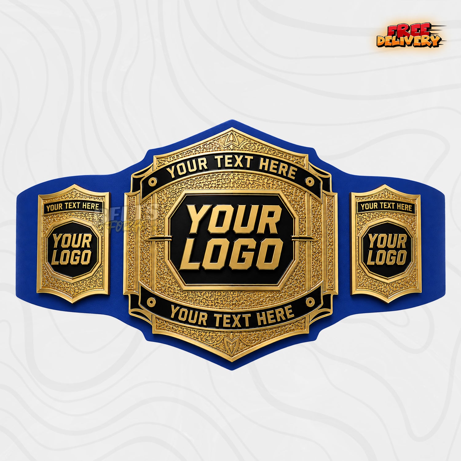 Custom Vintage Gold Championship Belt in royal blue genuine leather strap showing ornate gold octagon centre plate with custom name text