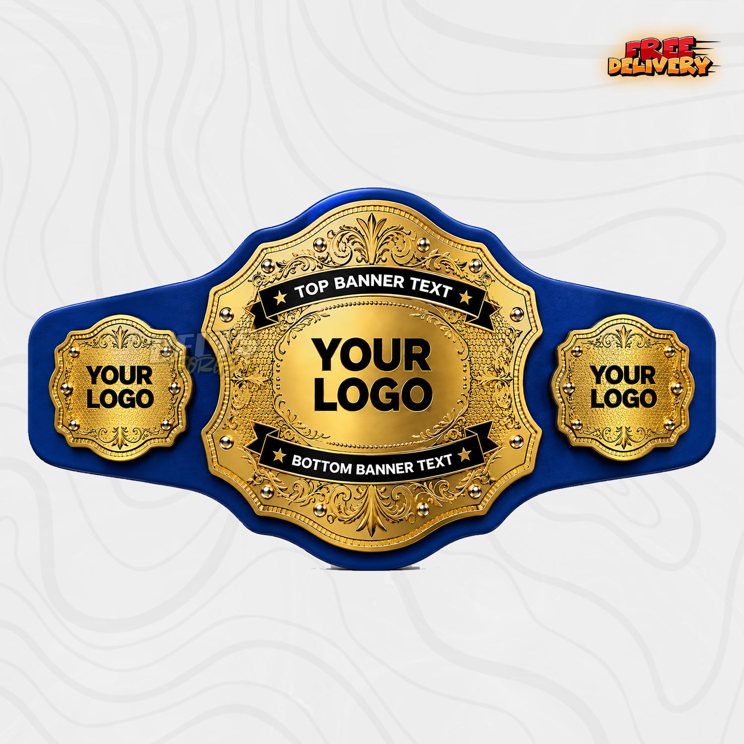 Custom Scalloped Gold Championship Belt in royal blue genuine leather strap showing ornate gold plates with custom name text banners