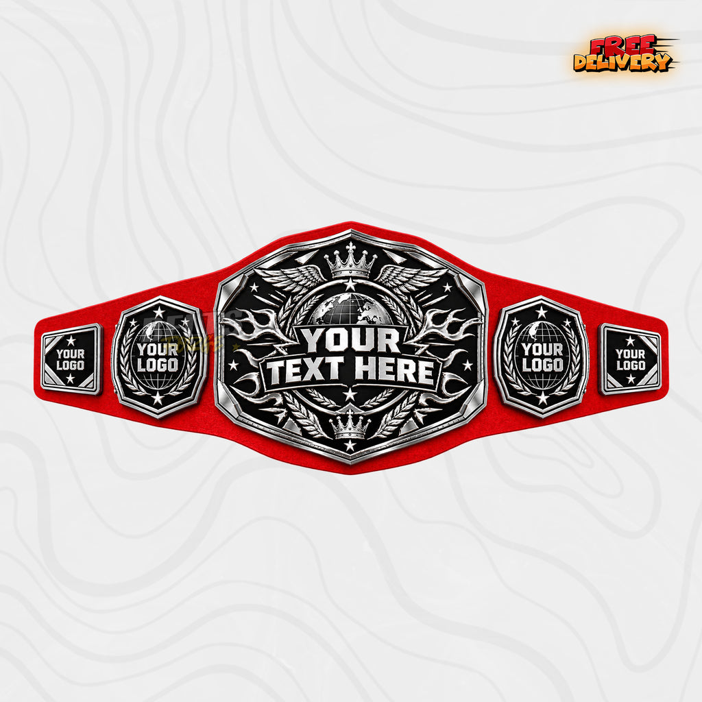 Custom Silver Globe Championship Belt in red genuine leather strap showing silver plates with laurel wreath globe and custom name text