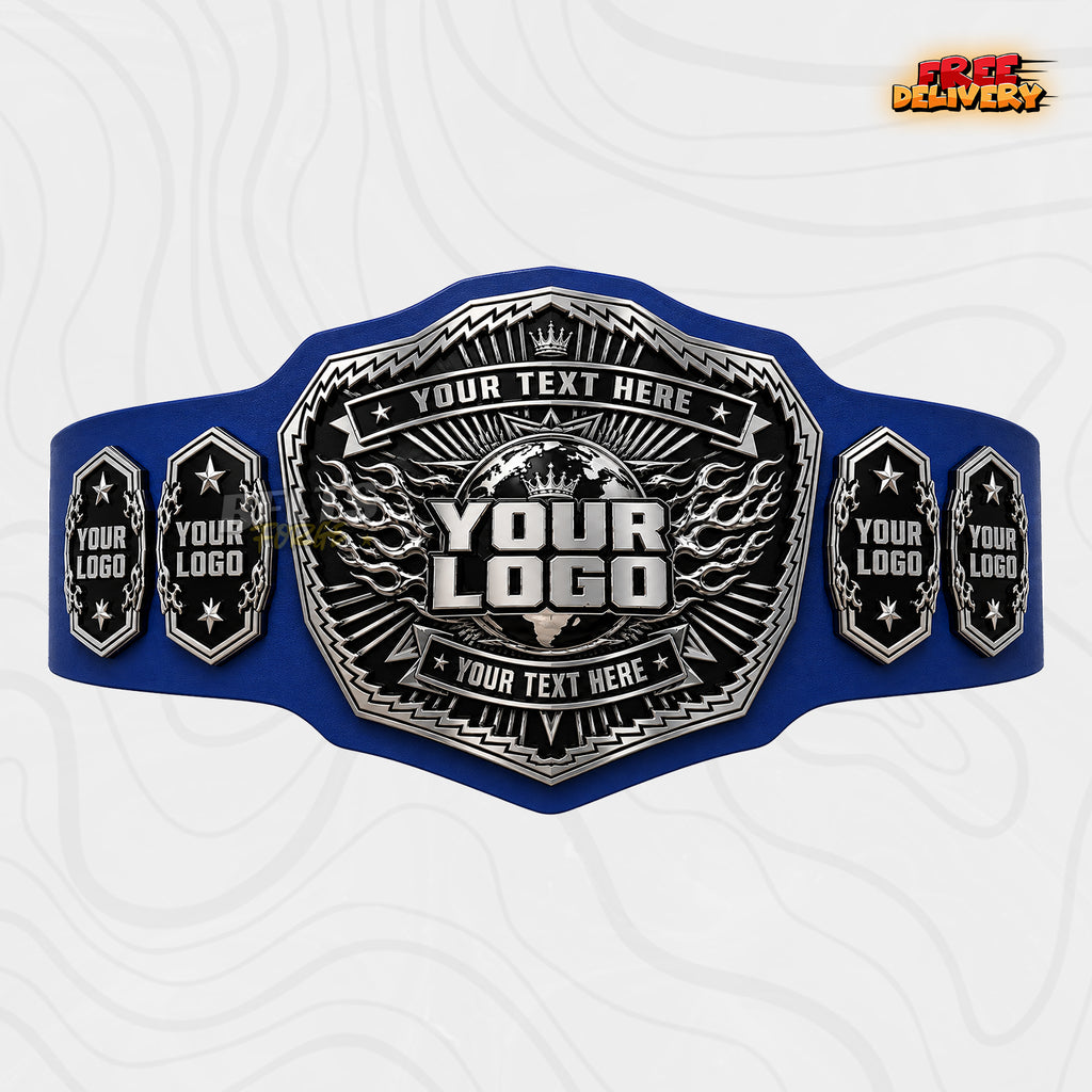 Custom Silver Chrome Championship Belt in royal blue genuine leather strap showing silver plates with winged globe and custom name text