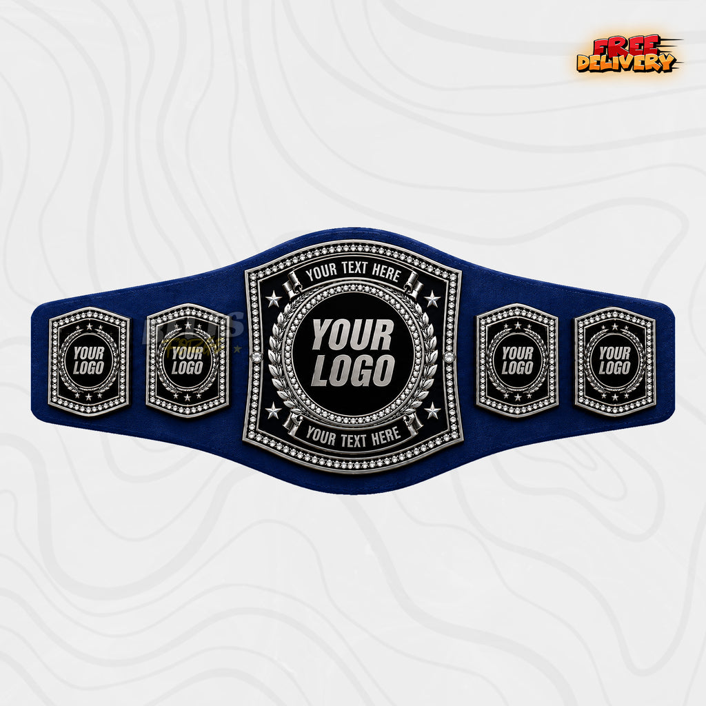 Custom Silver Rhinestone Championship Belt in royal blue genuine leather strap showing silver shield plate with crystal pave and four logo side plates