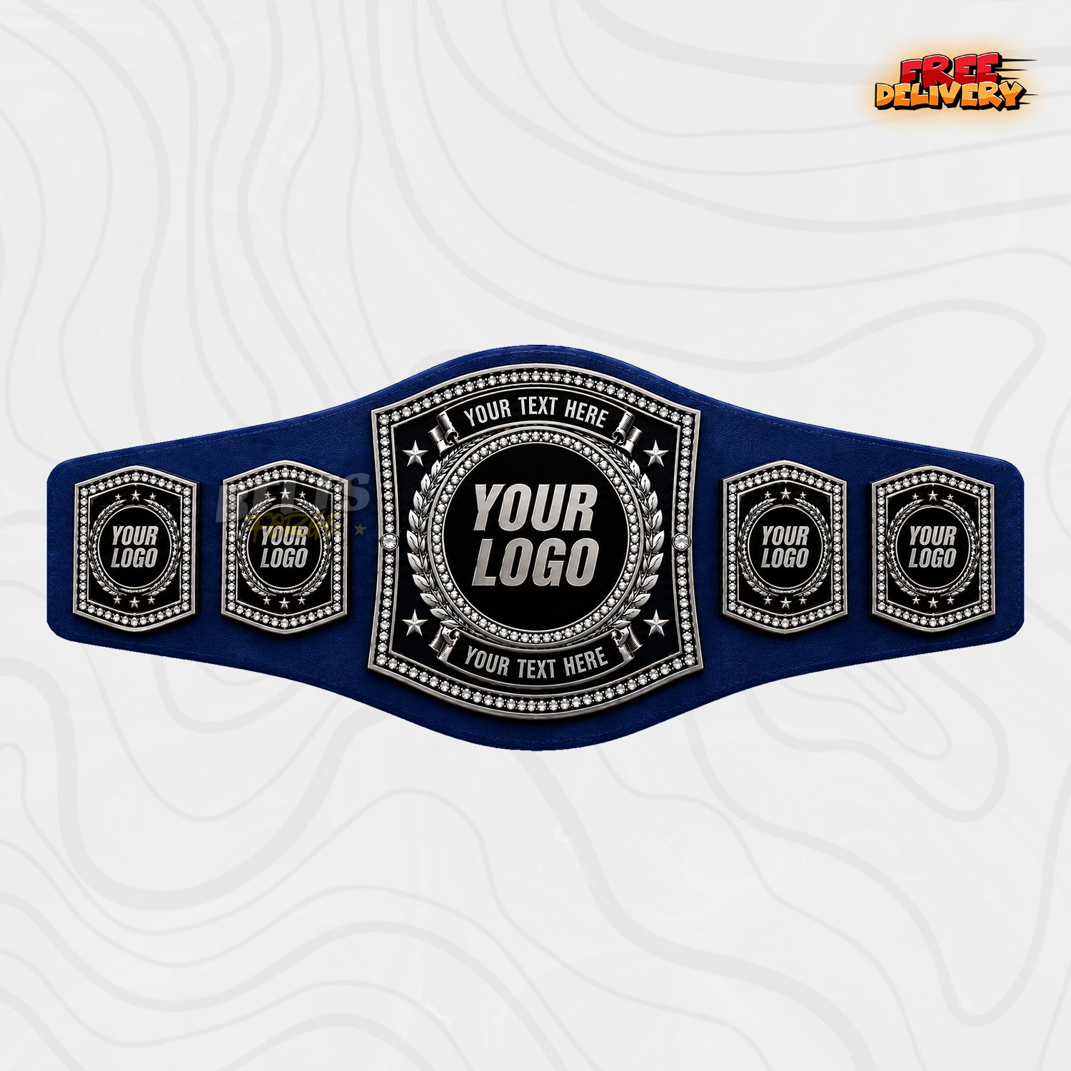 Custom Silver Rhinestone Championship Belt in royal blue genuine leather strap showing silver shield plate with crystal pave and four logo side plates