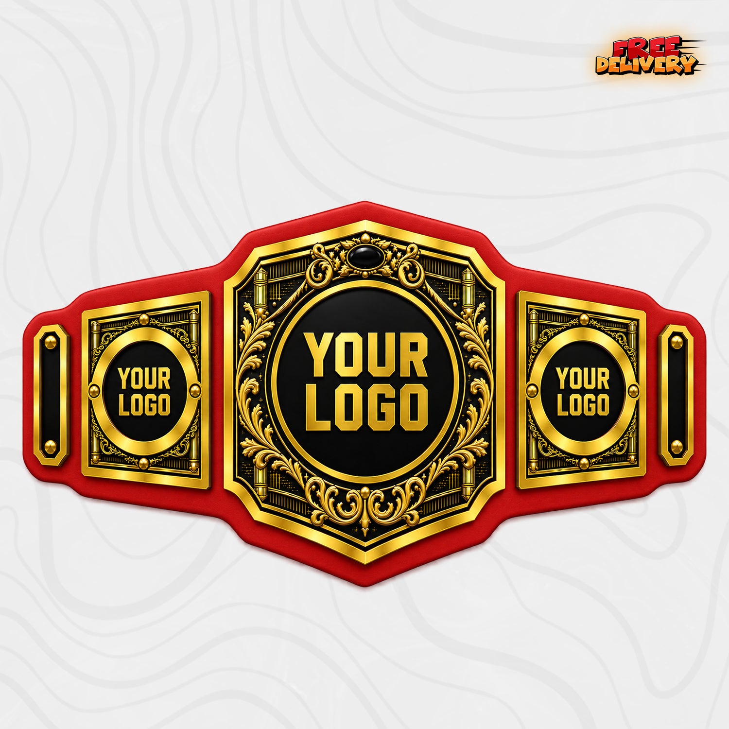 Custom Ornate Gold Championship Belt in red genuine leather strap showing vintage engraved gold plates
