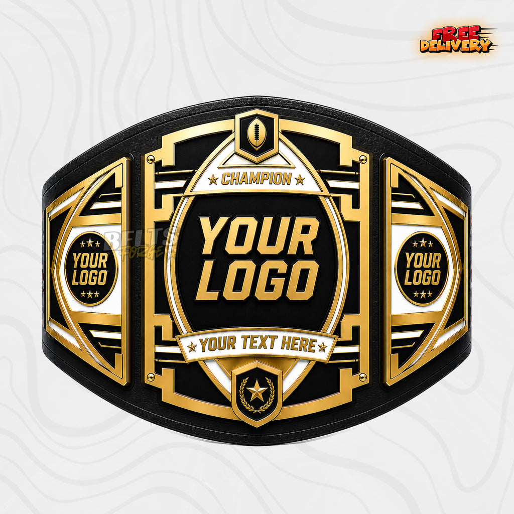 Custom Fantasy Football Trophy Belt in black genuine leather strap showing gold and white art deco plates with custom logo by Belts Forge