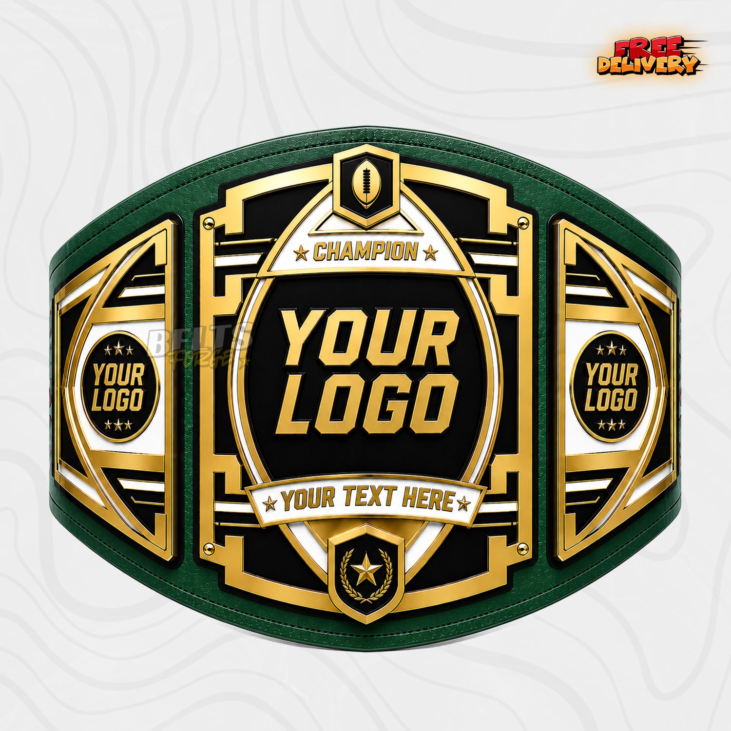 Custom Fantasy Football Trophy Belt in green genuine leather strap showing gold art deco plates with custom league text