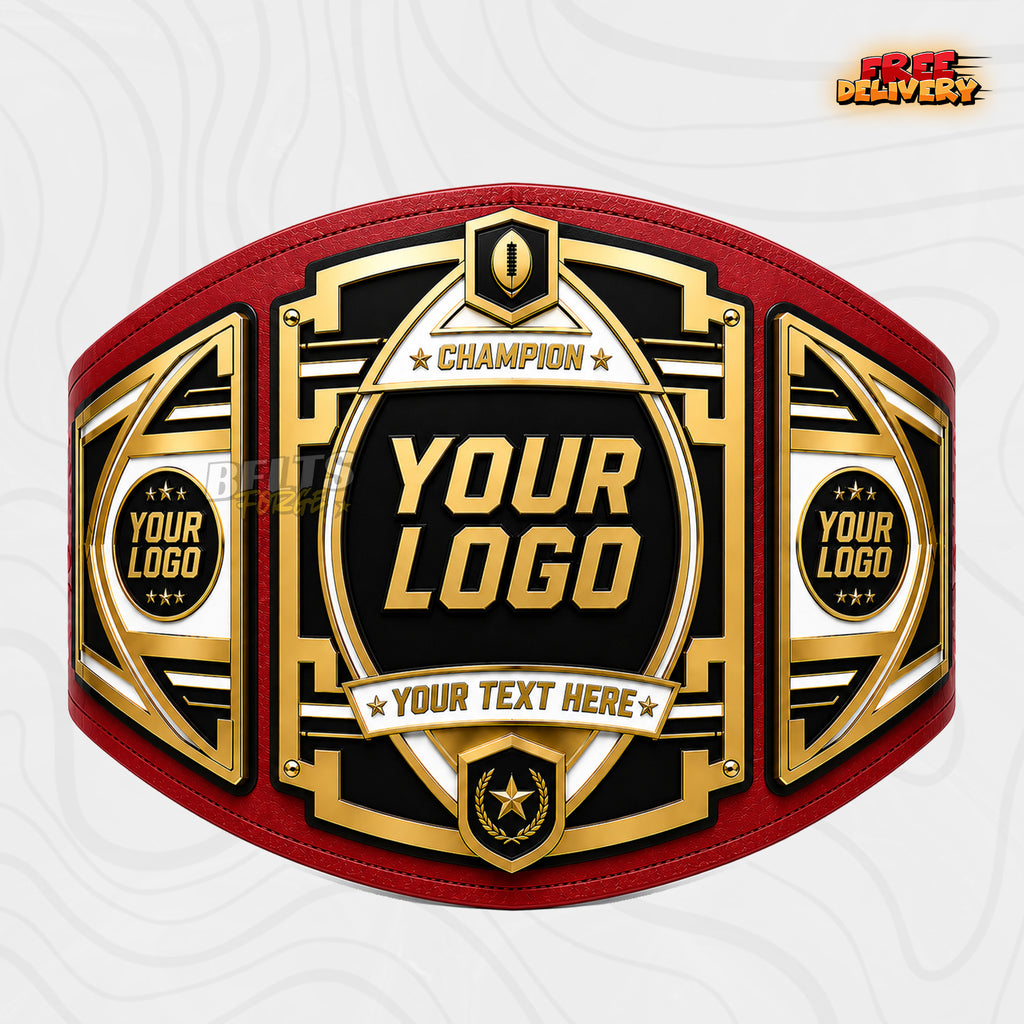 Custom Fantasy Football Trophy Belt in red genuine leather strap showing gold plates with personalized logo and text