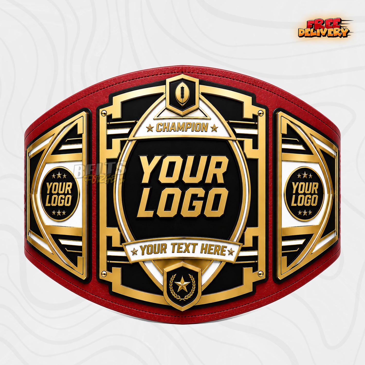 Custom Fantasy Football Trophy Belt in red genuine leather strap showing gold plates with personalized logo and text