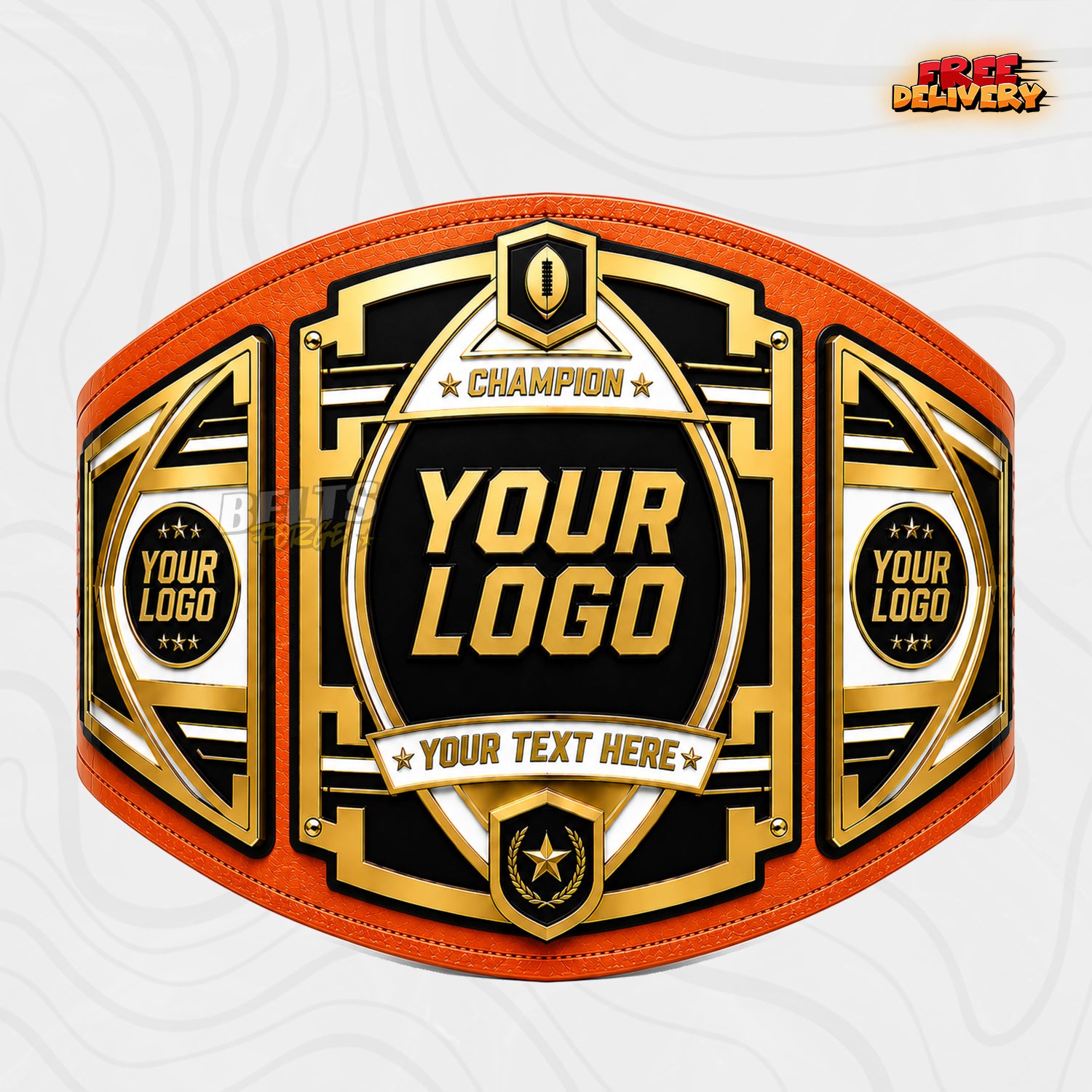 Custom Fantasy Football Trophy Belt in orange genuine leather strap showing gold and white plates with Champion banner and custom logo