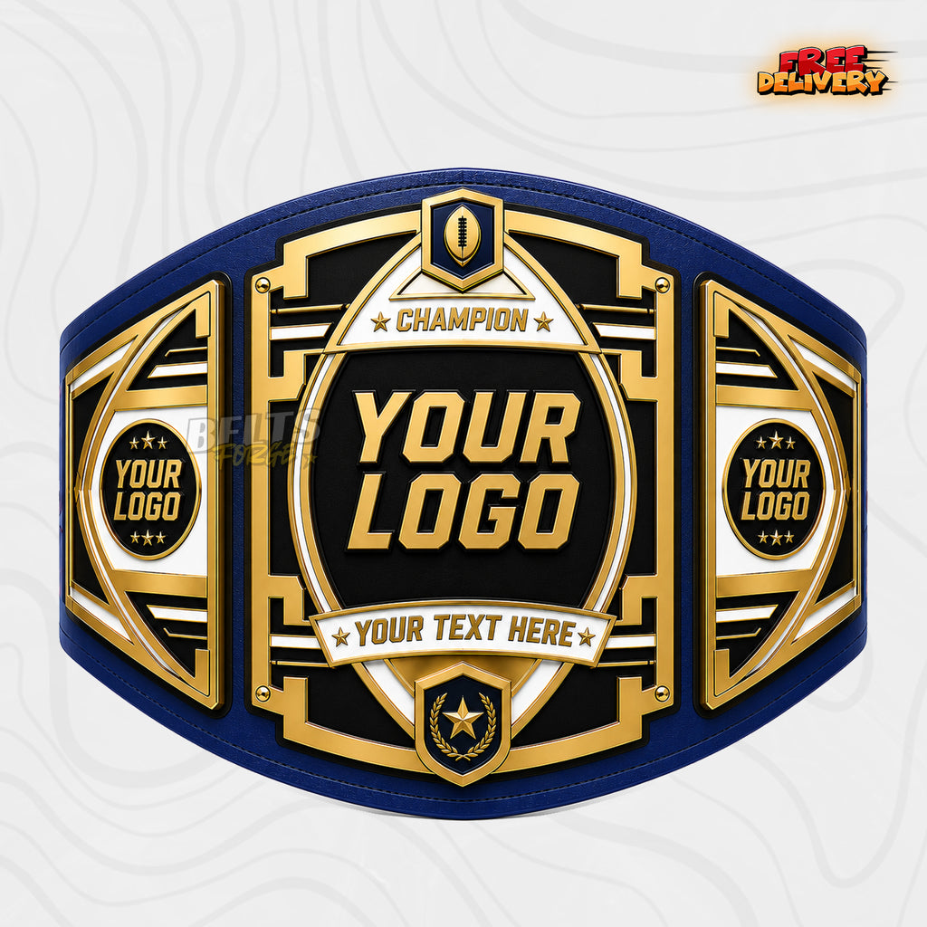 Custom Fantasy Football Trophy Belt in royal blue genuine leather strap showing gold plates with personalized league logo