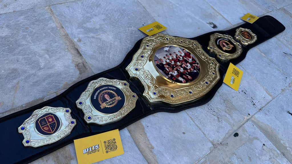 Custom Greatest Teacher Championship Belt angled right profile showing center plate with team photo