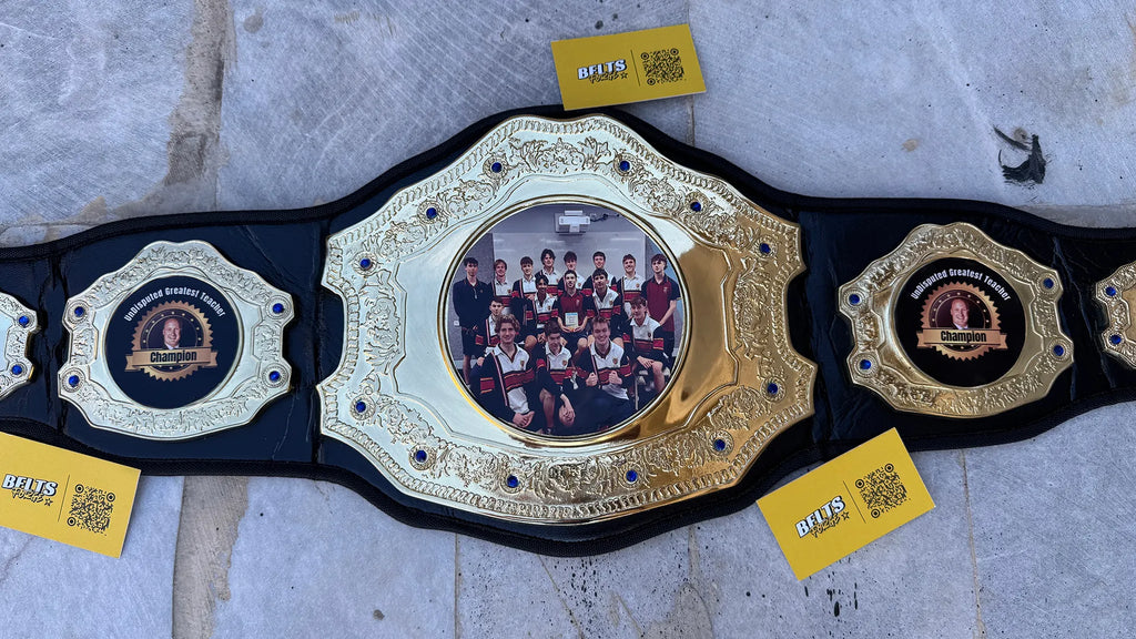 Custom Greatest Teacher Championship Belt center and side plates angled display view