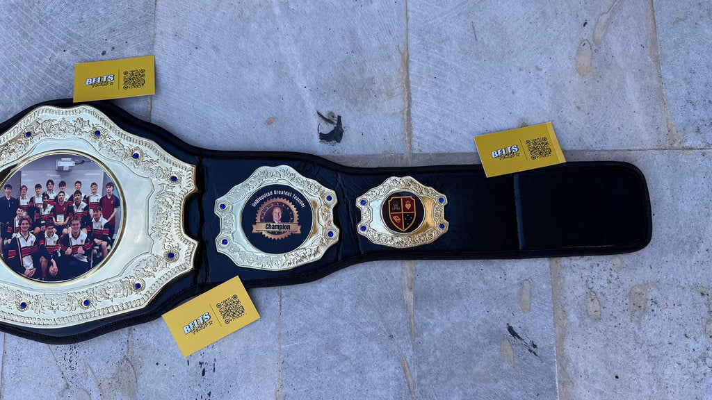 Custom Greatest Teacher Championship Belt right strap center and side plates angled view