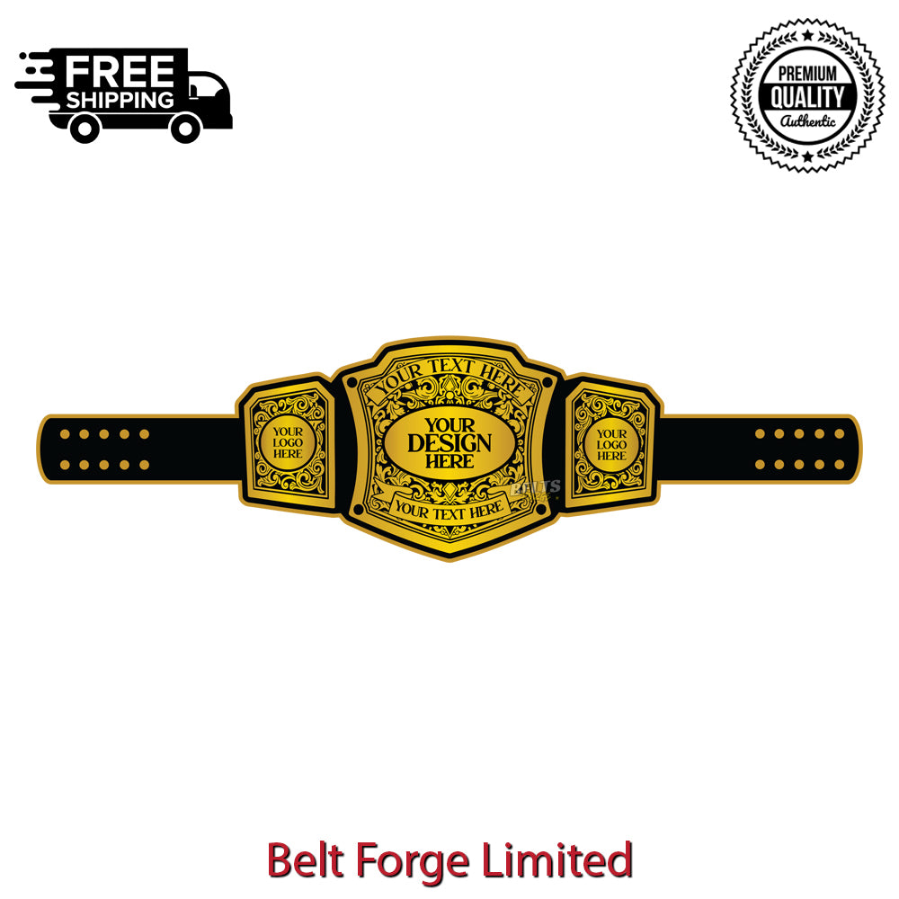 Custom heavyweight championship award belt front view, gold-plated main plate and side plates on genuine leather strap