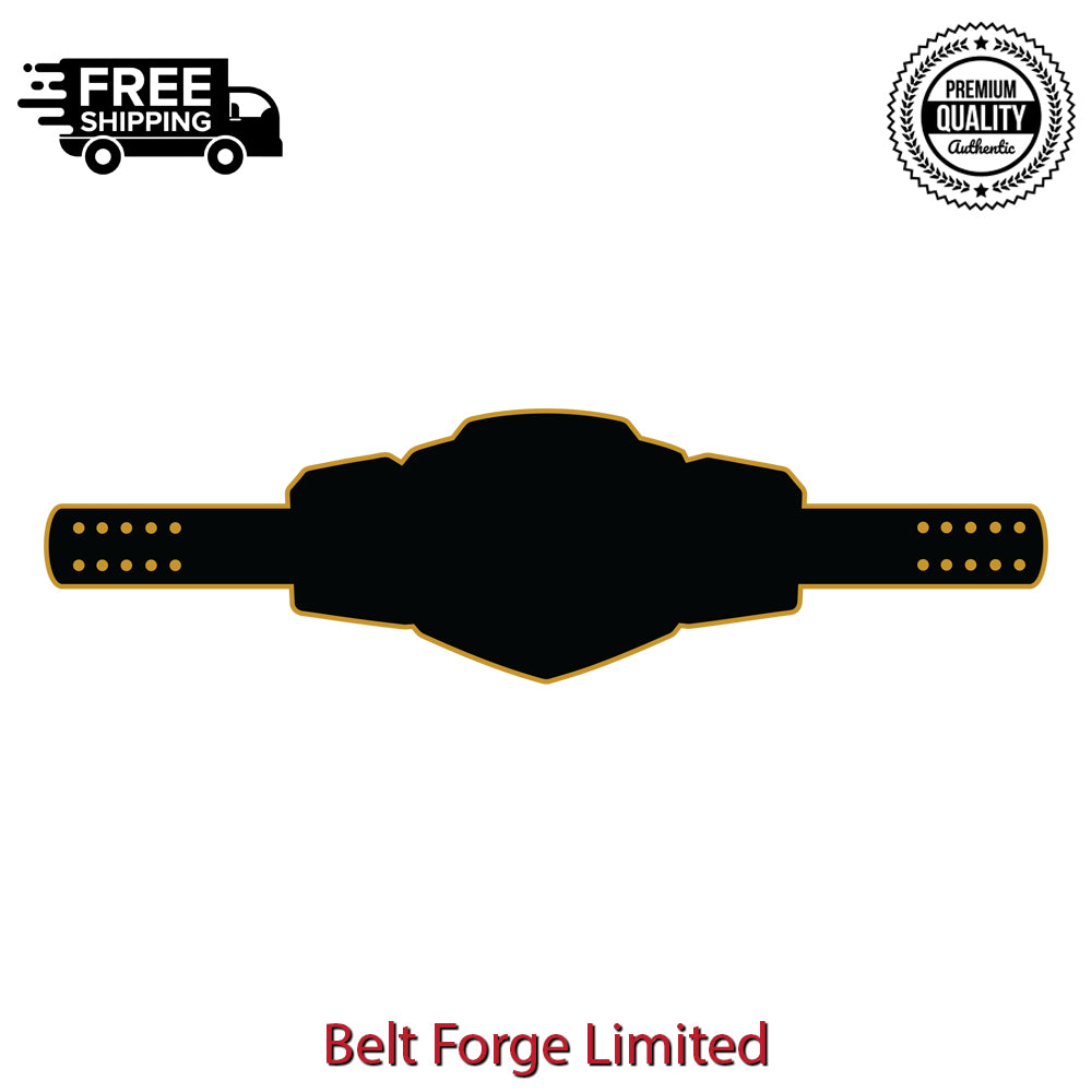 Custom heavyweight title belt close-up of CNC-engraved gold brass medallion main plate with personalized name or logo