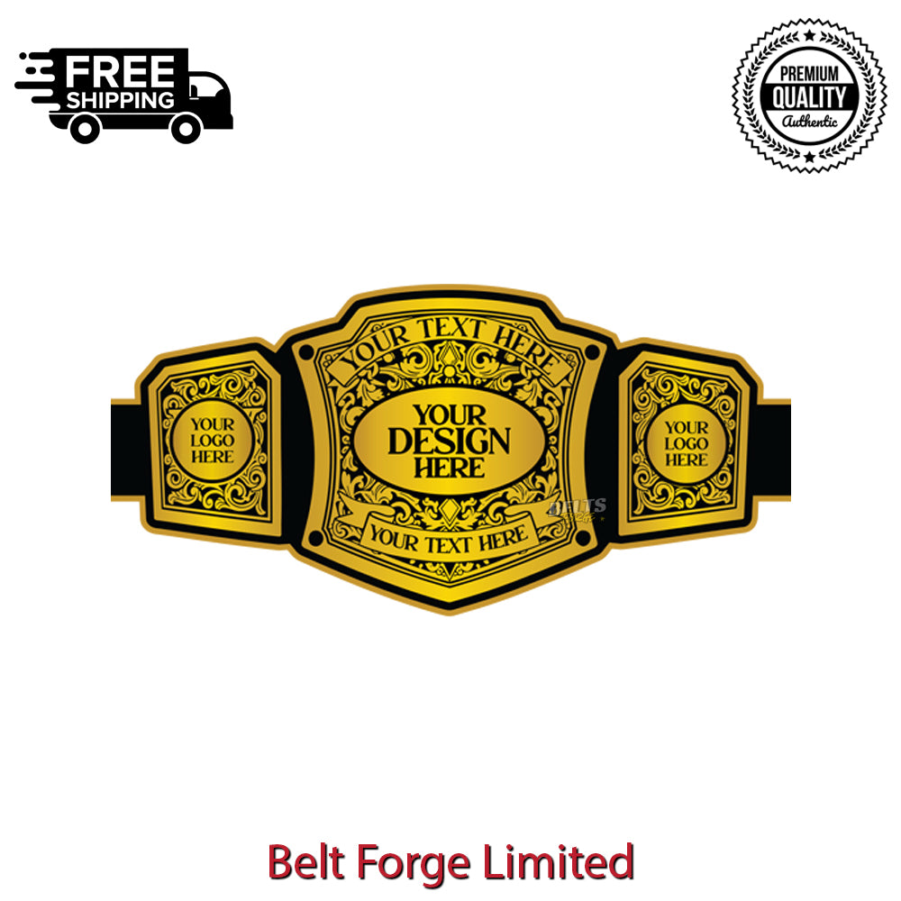 Custom heavyweight championship award belt full adult size flat lay, genuine leather strap in 7 colour options with gold brass plates