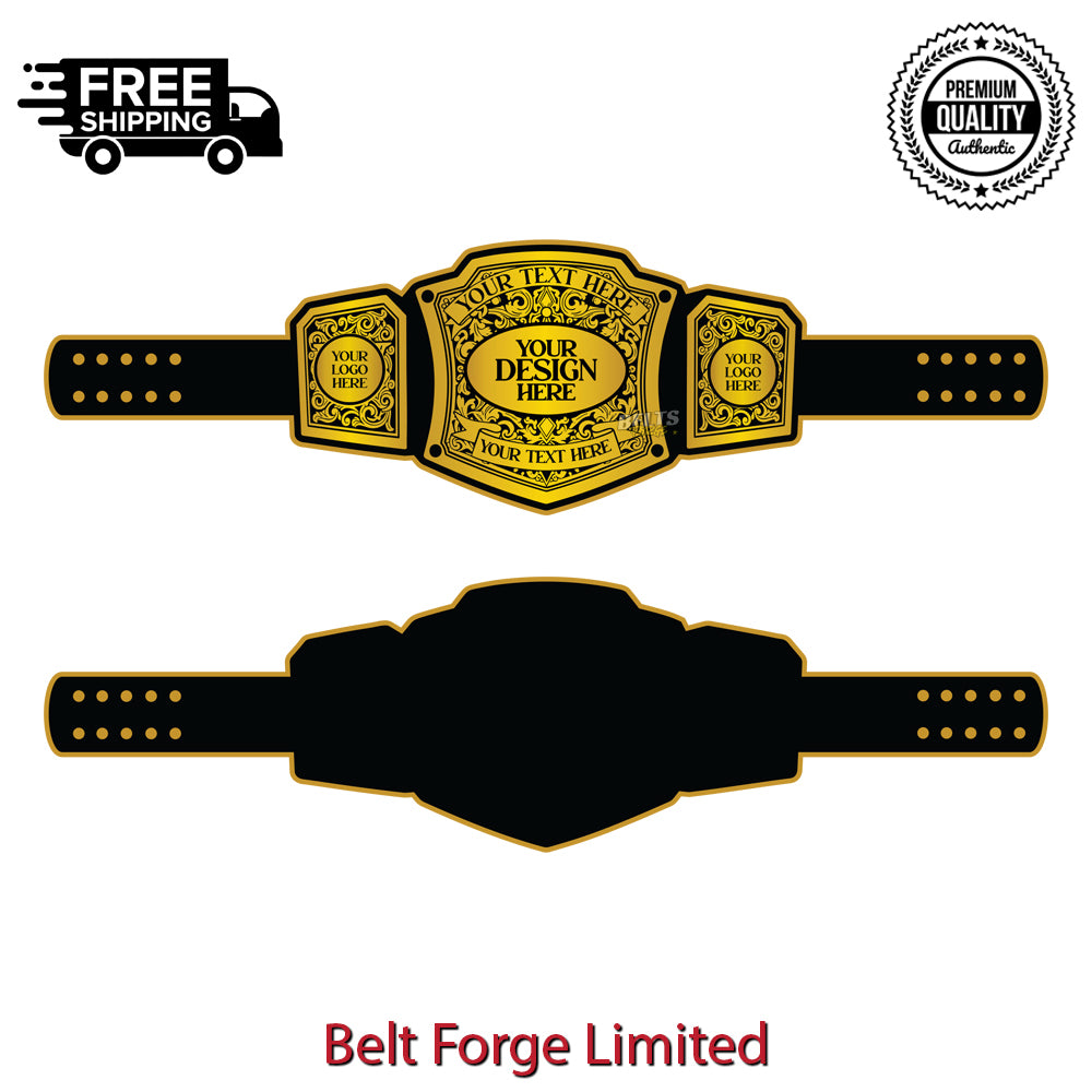 Custom Heavyweight Championship Title Award Belt hero shot, gold-plated brass medallion plates on genuine black leather strap by Belts Forge