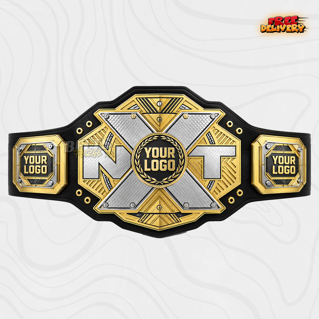 Custom Silver Gold X Plate Championship Belt in black genuine leather strap showing two-tone X shaped centre plate by Belts Forge